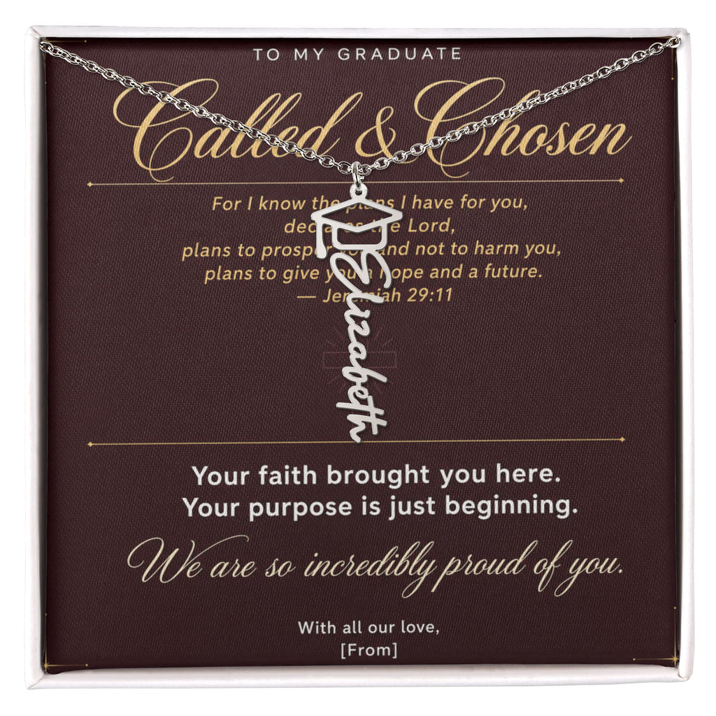 Graduation Cap Name Necklace | Personalized Gift for Her | Class of 2026 | Burgundy Message Card