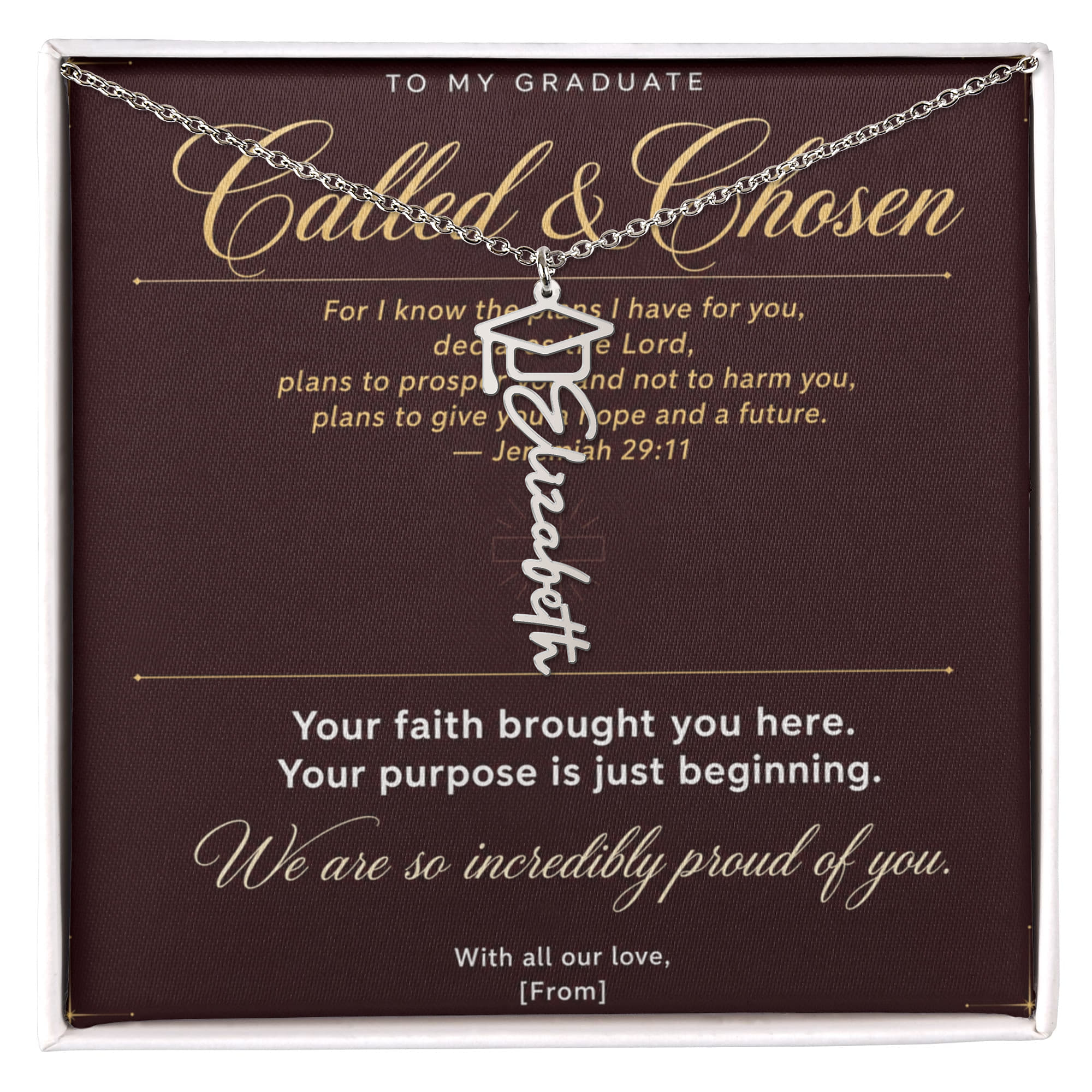 Graduation Cap Name Necklace | Personalized Gift for Her | Class of 2026 | Burgundy Message Card