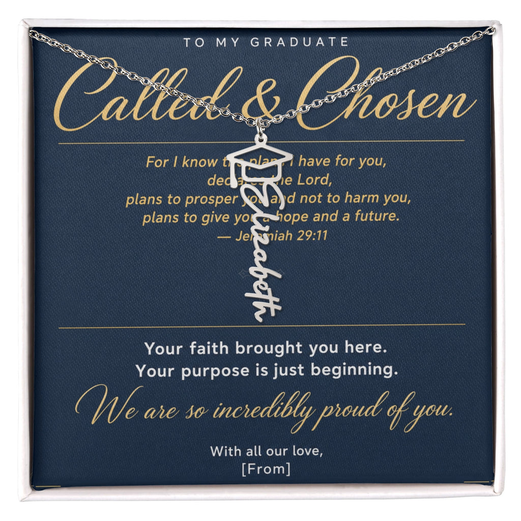 Graduation Cap Name Necklace | Personalized Gift for Her | Class of 2026 | Navy Blue Message Card