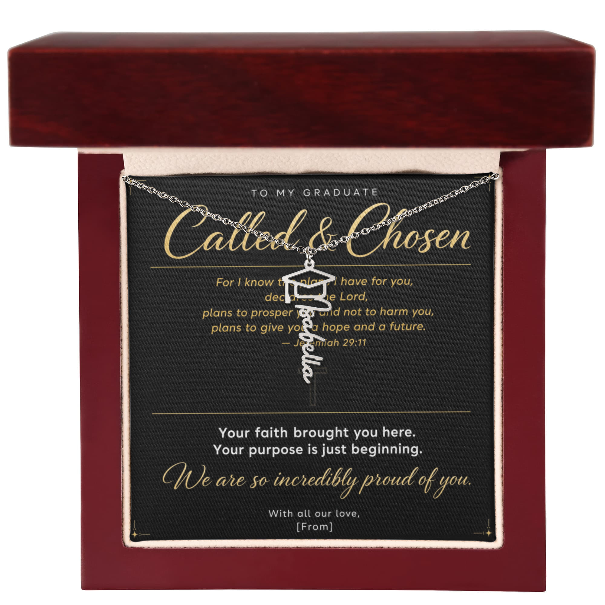 Graduation Cap Name Necklace | Personalized Gift for Her | Class of 2026 | Black Message Card