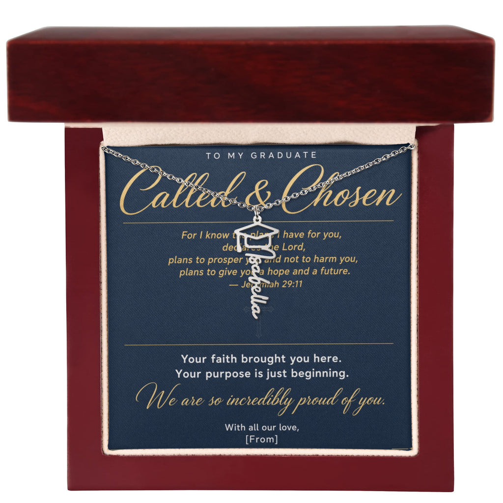 Graduation Cap Name Necklace | Personalized Gift for Her | Class of 2026 | Navy Blue Message Card