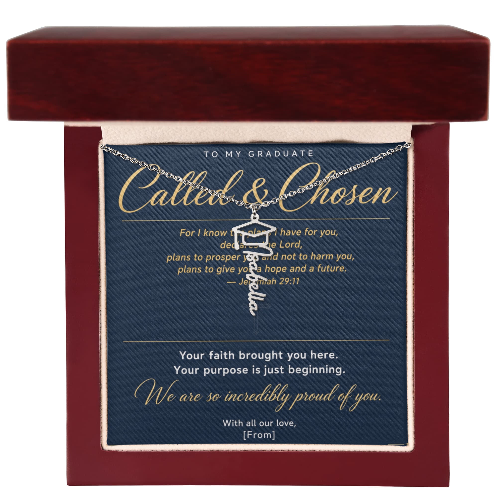 Graduation Cap Name Necklace | Personalized Gift for Her | Class of 2026 | Navy Blue Message Card