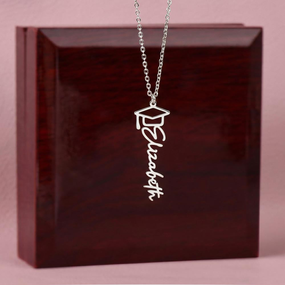 Graduation Cap Name Necklace | Personalized Gift for Her | Class of 2026 | Navy Blue Message Card