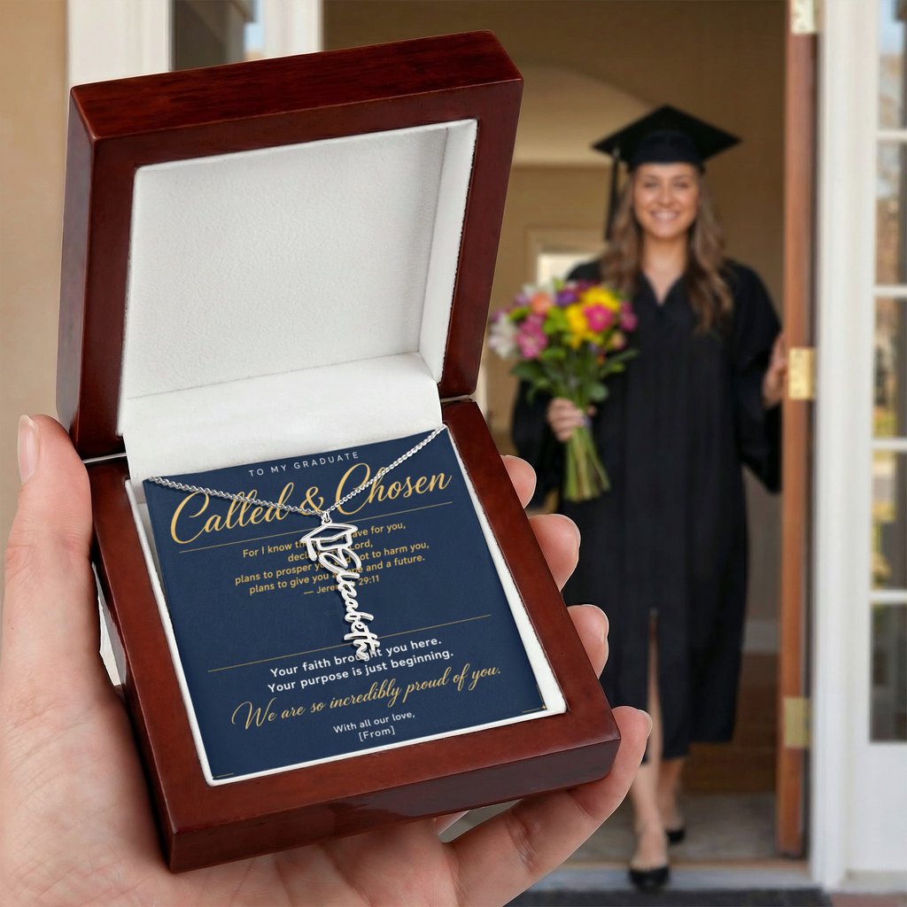 Graduation Cap Name Necklace | Personalized Gift for Her | Class of 2026 | Navy Blue Message Card