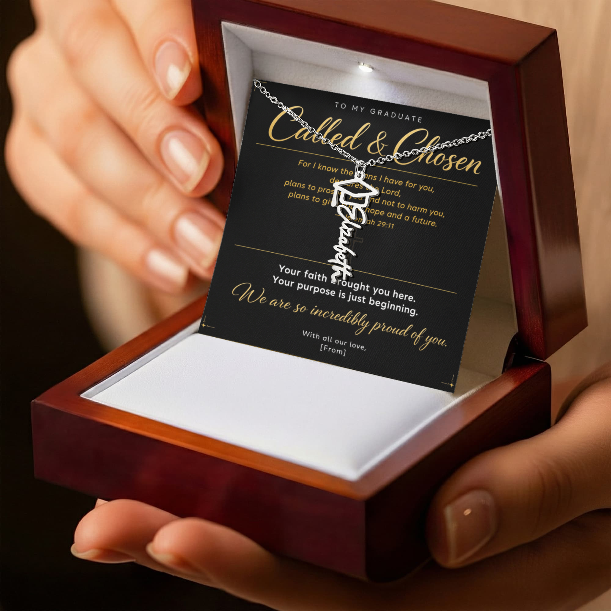 Graduation Cap Name Necklace | Personalized Gift for Her | Class of 2026 | Black Message Card
