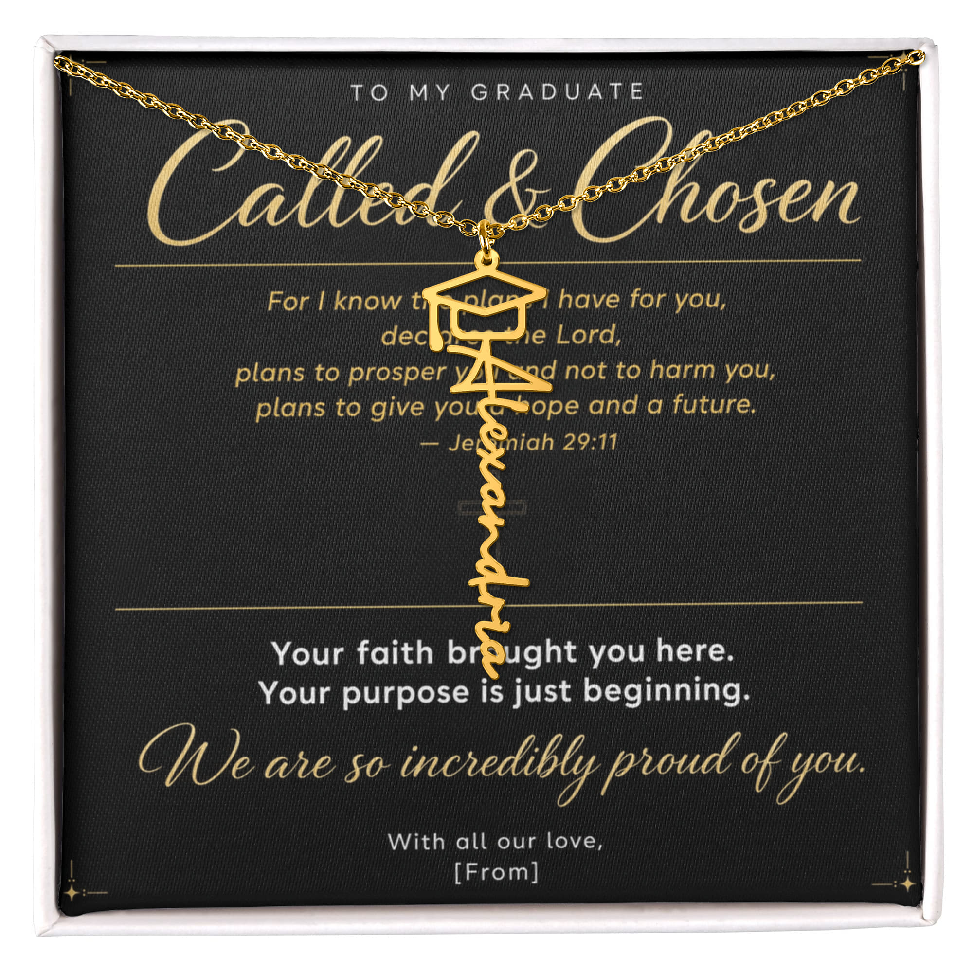 Graduation Cap Name Necklace | Personalized Gift for Her | Class of 2026 | Black Message Card