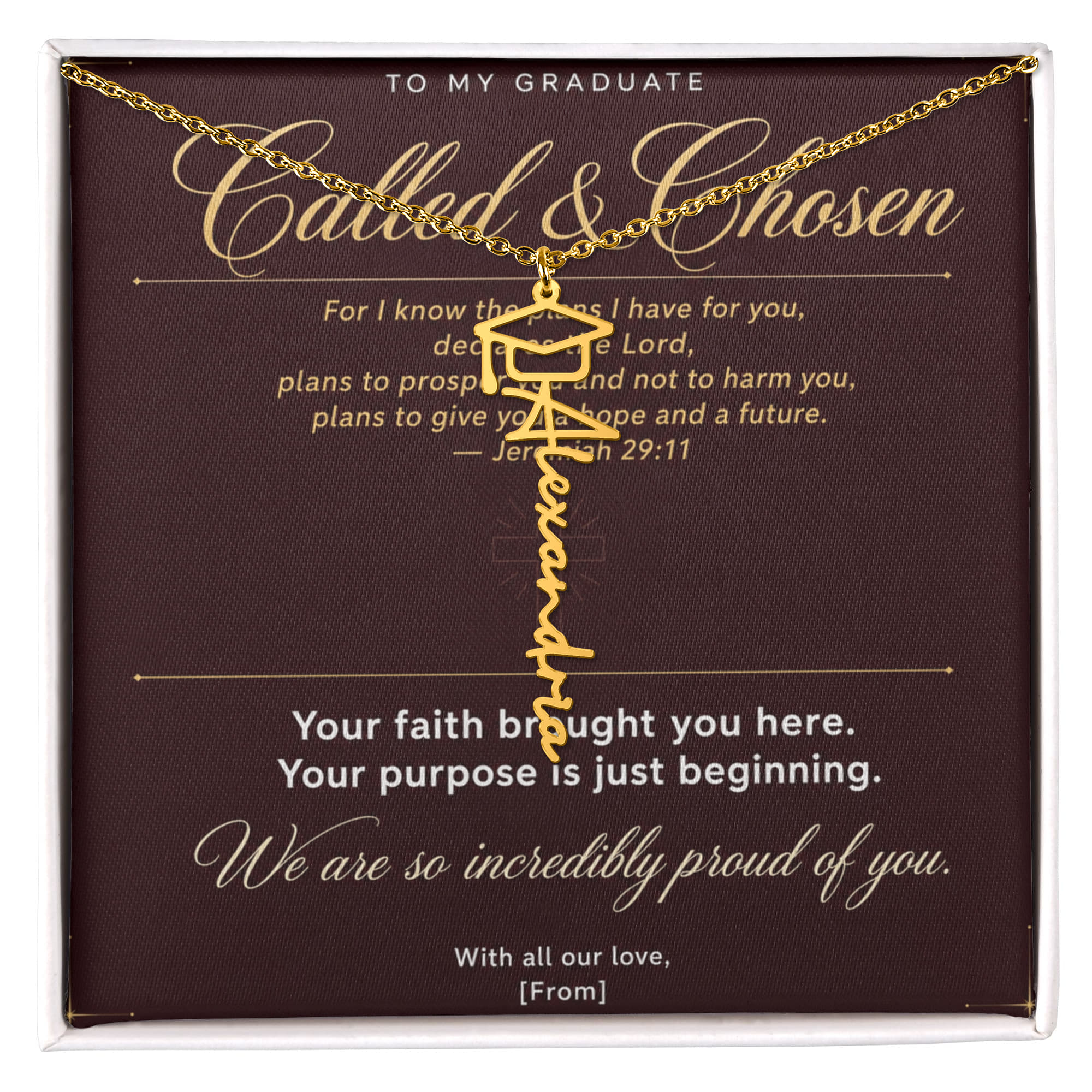 Graduation Cap Name Necklace | Personalized Gift for Her | Class of 2026 | Burgundy Message Card