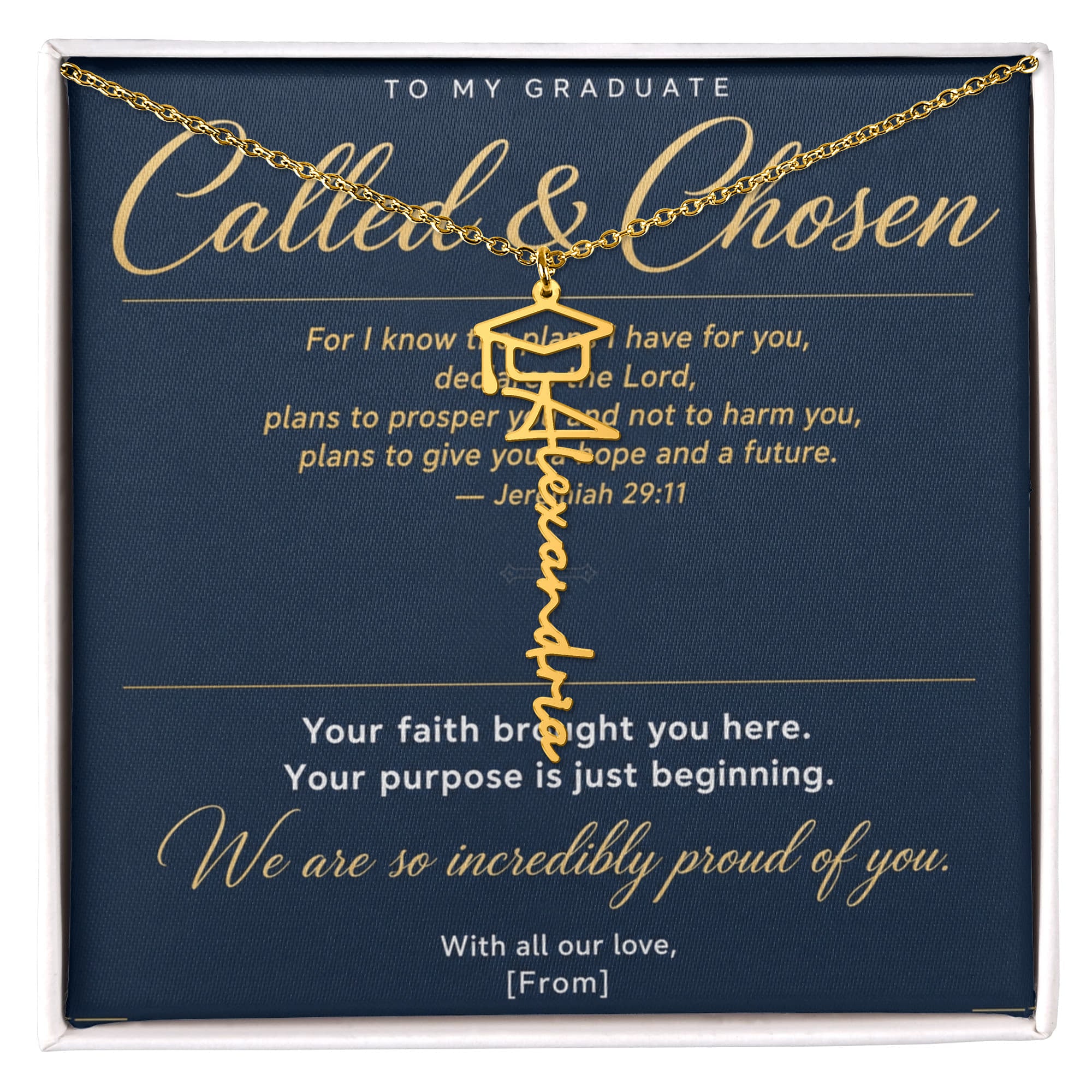 Graduation Cap Name Necklace | Personalized Gift for Her | Class of 2026 | Navy Blue Message Card