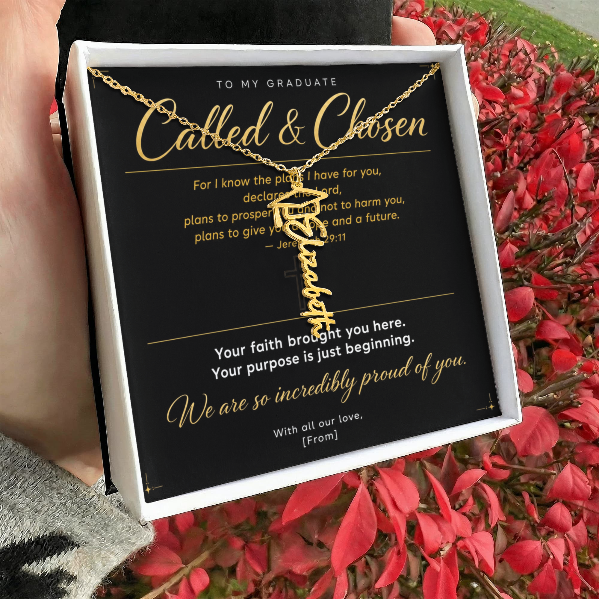 Graduation Cap Name Necklace | Personalized Gift for Her | Class of 2026 | Black Message Card