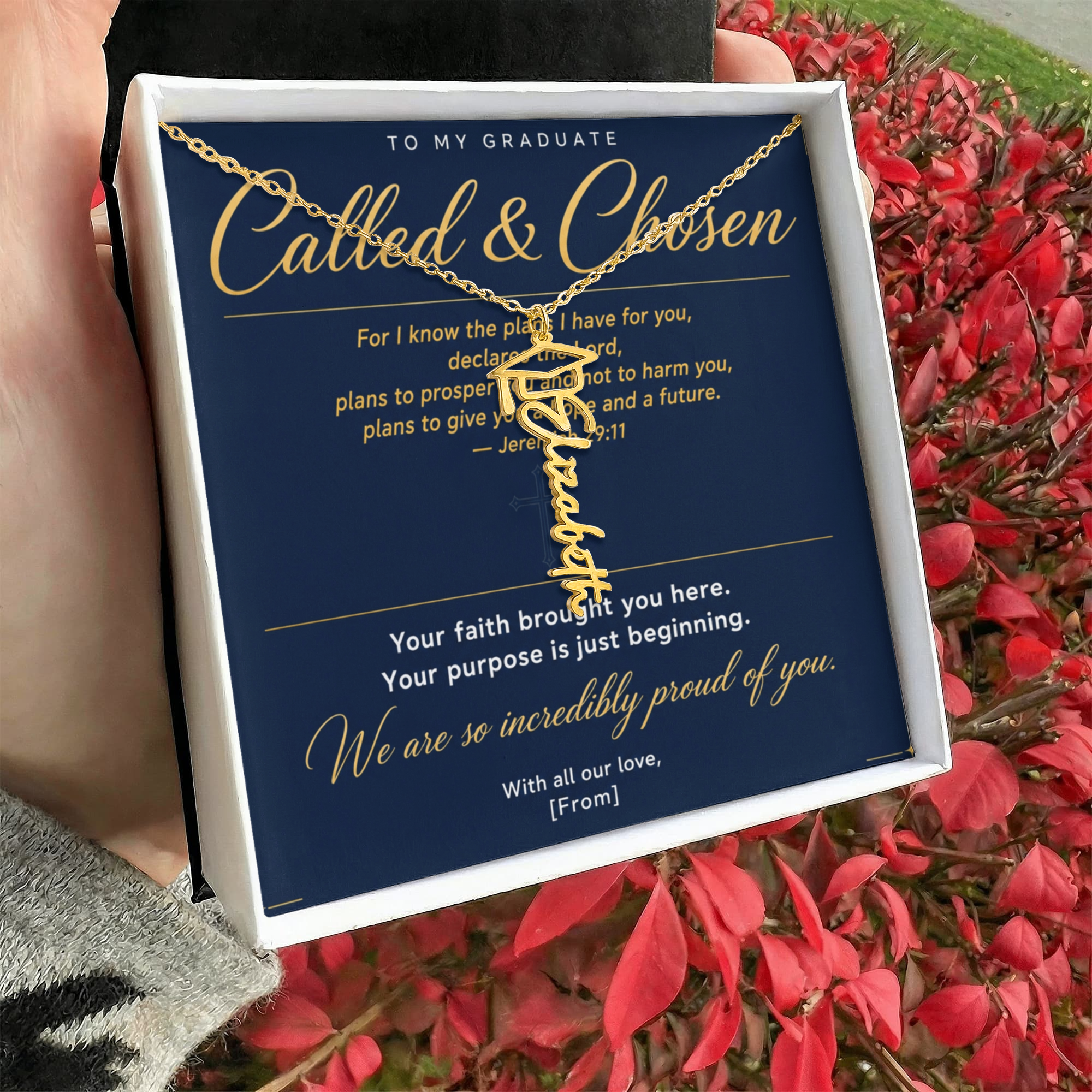 Graduation Cap Name Necklace | Personalized Gift for Her | Class of 2026 | Navy Blue Message Card