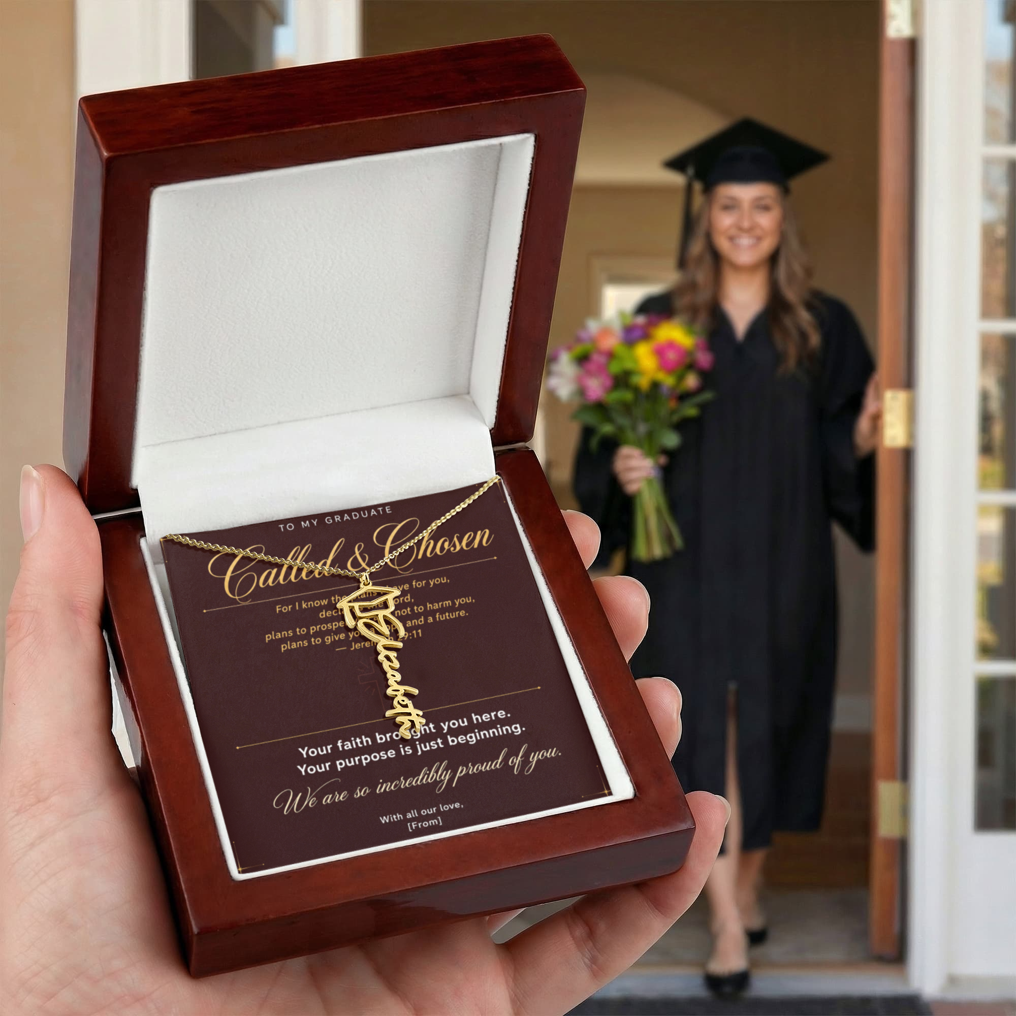 Graduation Cap Name Necklace | Personalized Gift for Her | Class of 2026 | Burgundy Message Card