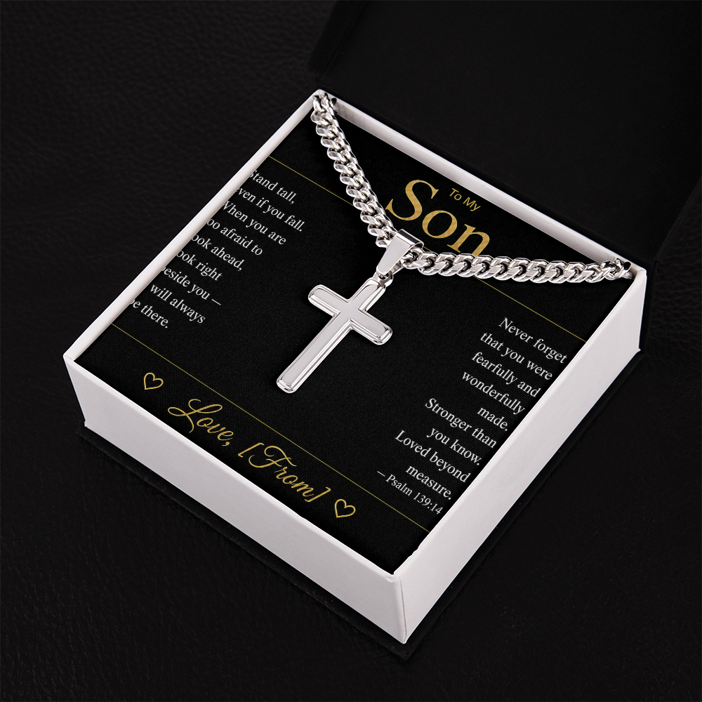 To My Son | Christian Cross Cuban Link Chain | Personalized Faith Gift with Message Card | From Mom Dad