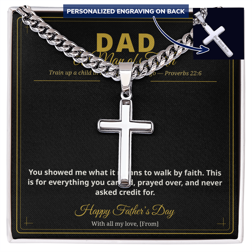 To My Dad — A Man of Faith | Personalized Cross Cuban Link Chain | Christian Father's Day Gift with Message Card