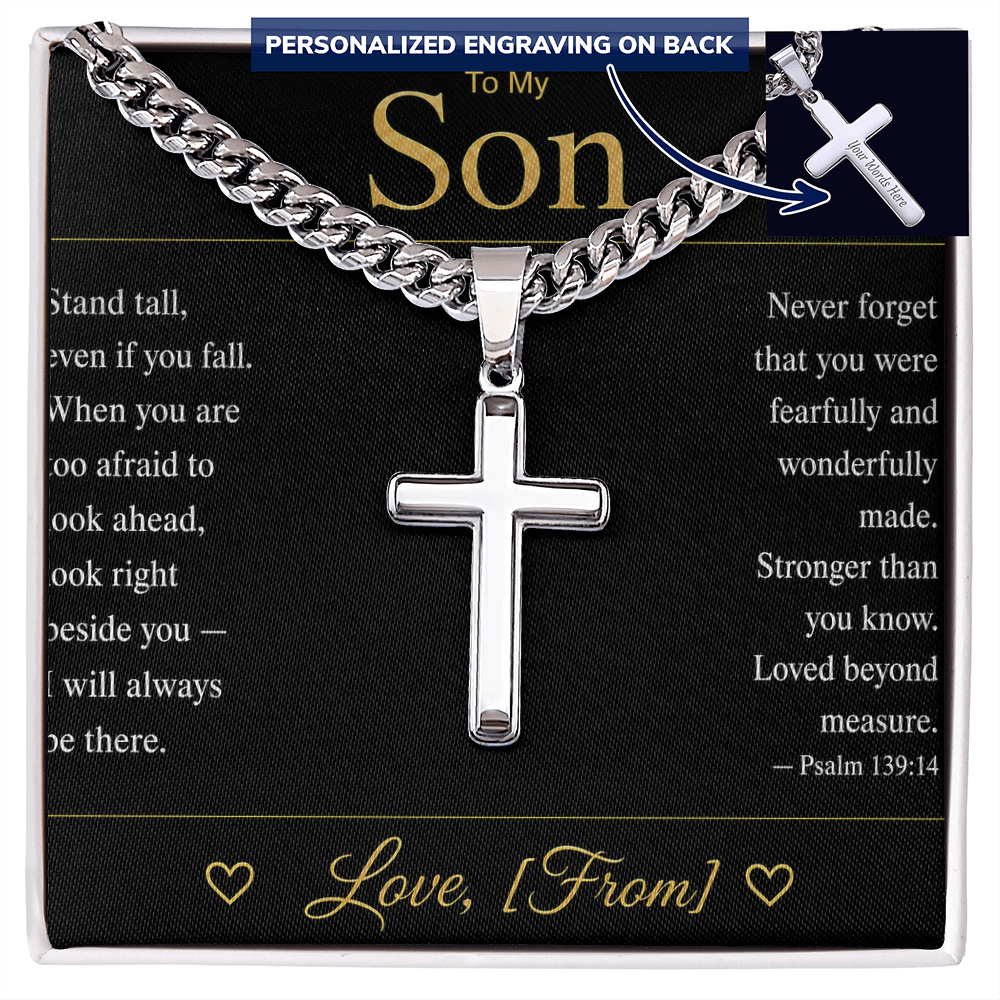 To My Son | Christian Cross Cuban Link Chain | Personalized Faith Gift with Message Card | From Mom Dad