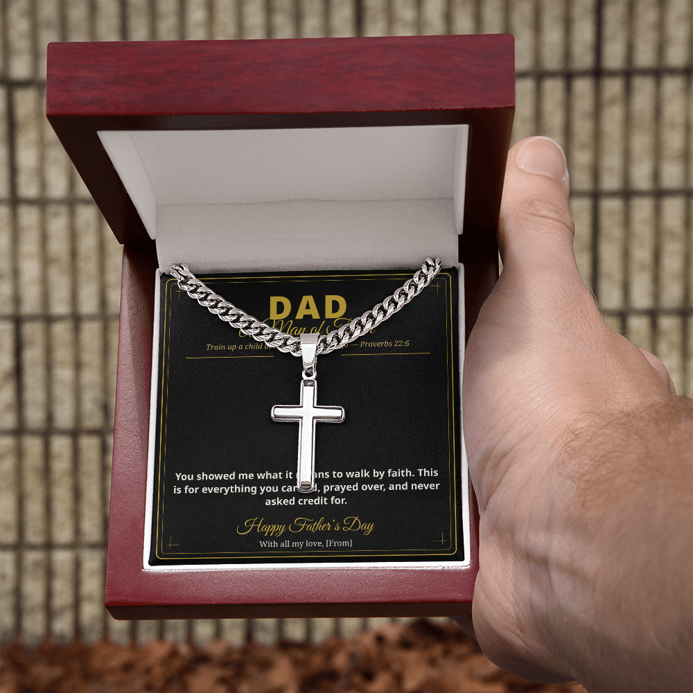 To My Dad — A Man of Faith | Personalized Cross Cuban Link Chain | Christian Father's Day Gift with Message Card