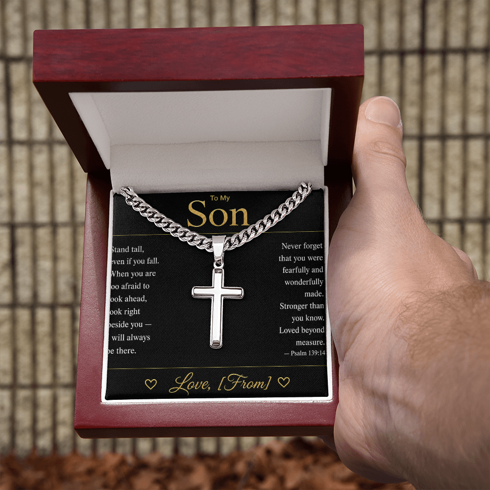 To My Son | Christian Cross Cuban Link Chain | Personalized Faith Gift with Message Card | From Mom Dad