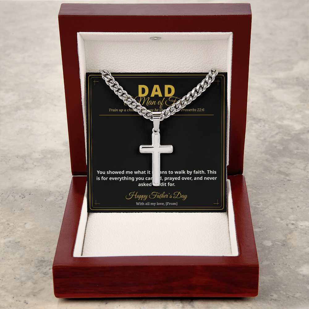 To My Dad — A Man of Faith | Personalized Cross Cuban Link Chain | Christian Father's Day Gift with Message Card