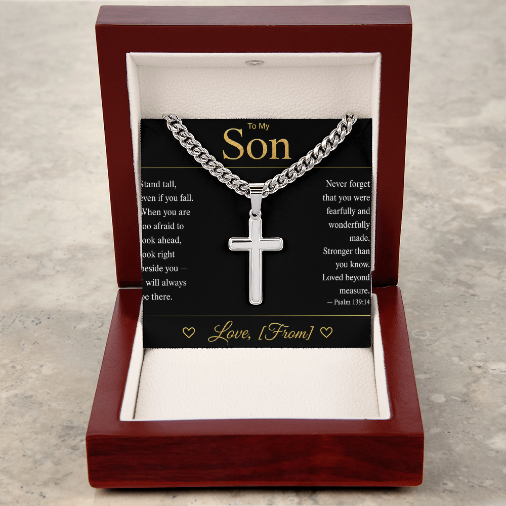 To My Son | Christian Cross Cuban Link Chain | Personalized Faith Gift with Message Card | From Mom Dad