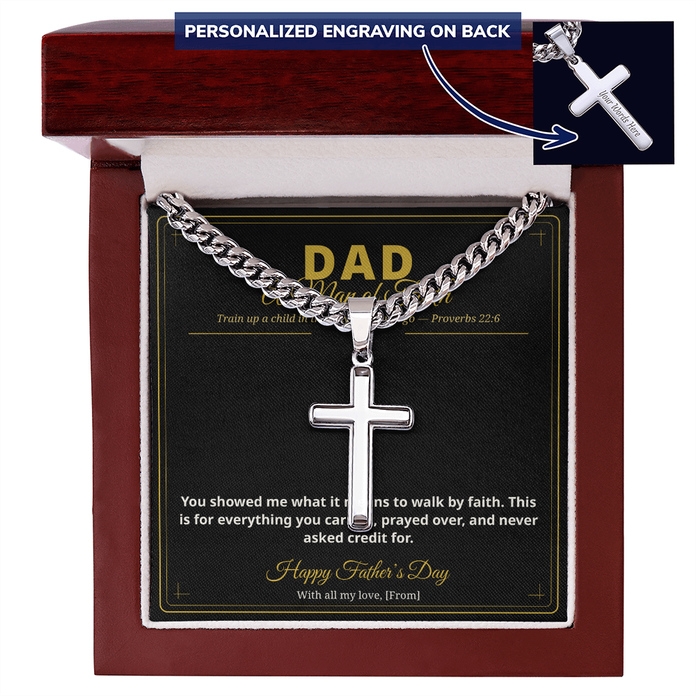 To My Dad — A Man of Faith | Personalized Cross Cuban Link Chain | Christian Father's Day Gift with Message Card