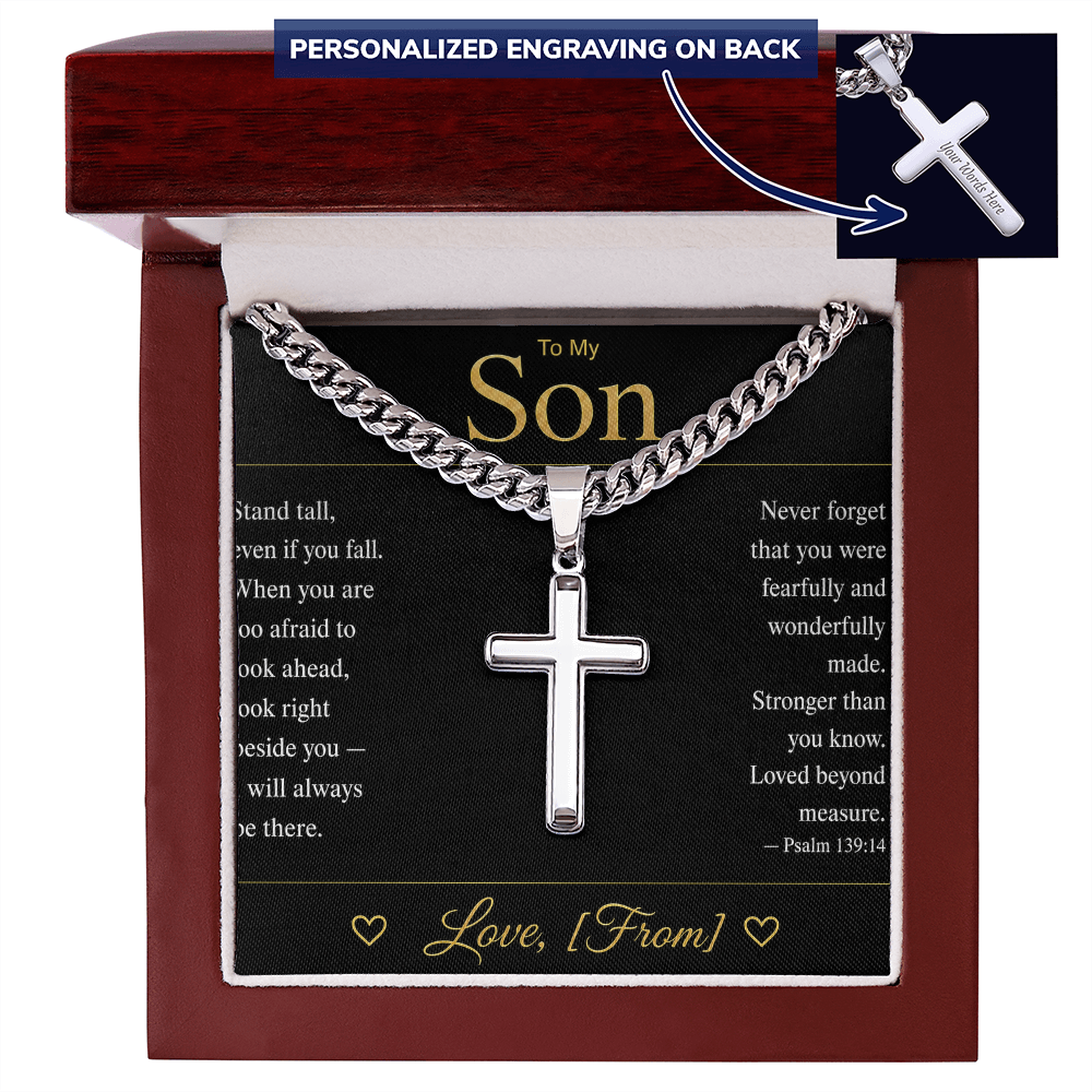 To My Son | Christian Cross Cuban Link Chain | Personalized Faith Gift with Message Card | From Mom Dad