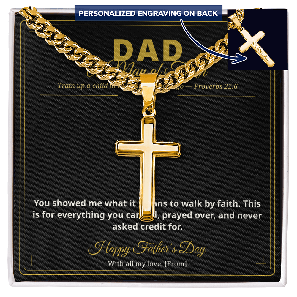 To My Dad — A Man of Faith | Personalized Cross Cuban Link Chain | Christian Father's Day Gift with Message Card