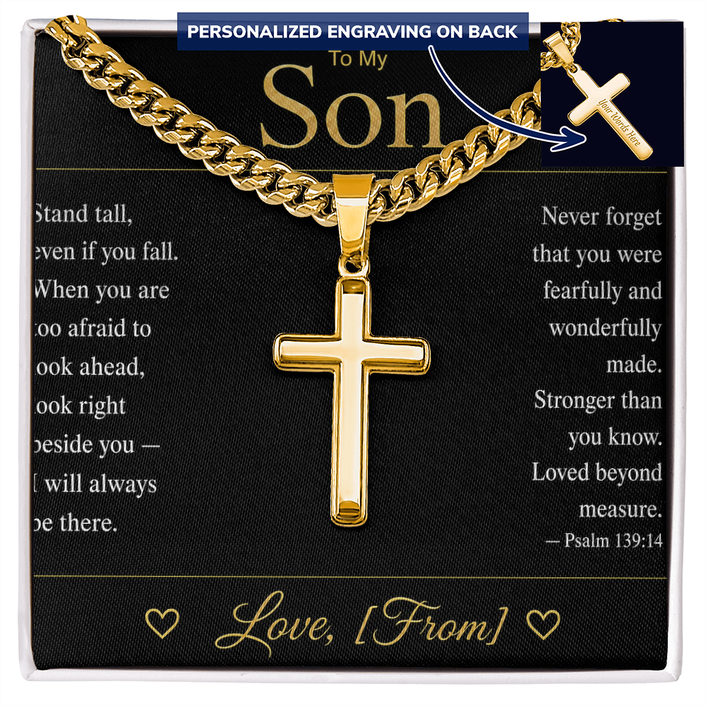 To My Son | Christian Cross Cuban Link Chain | Personalized Faith Gift with Message Card | From Mom Dad