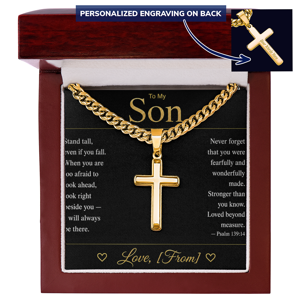 To My Son | Christian Cross Cuban Link Chain | Personalized Faith Gift with Message Card | From Mom Dad