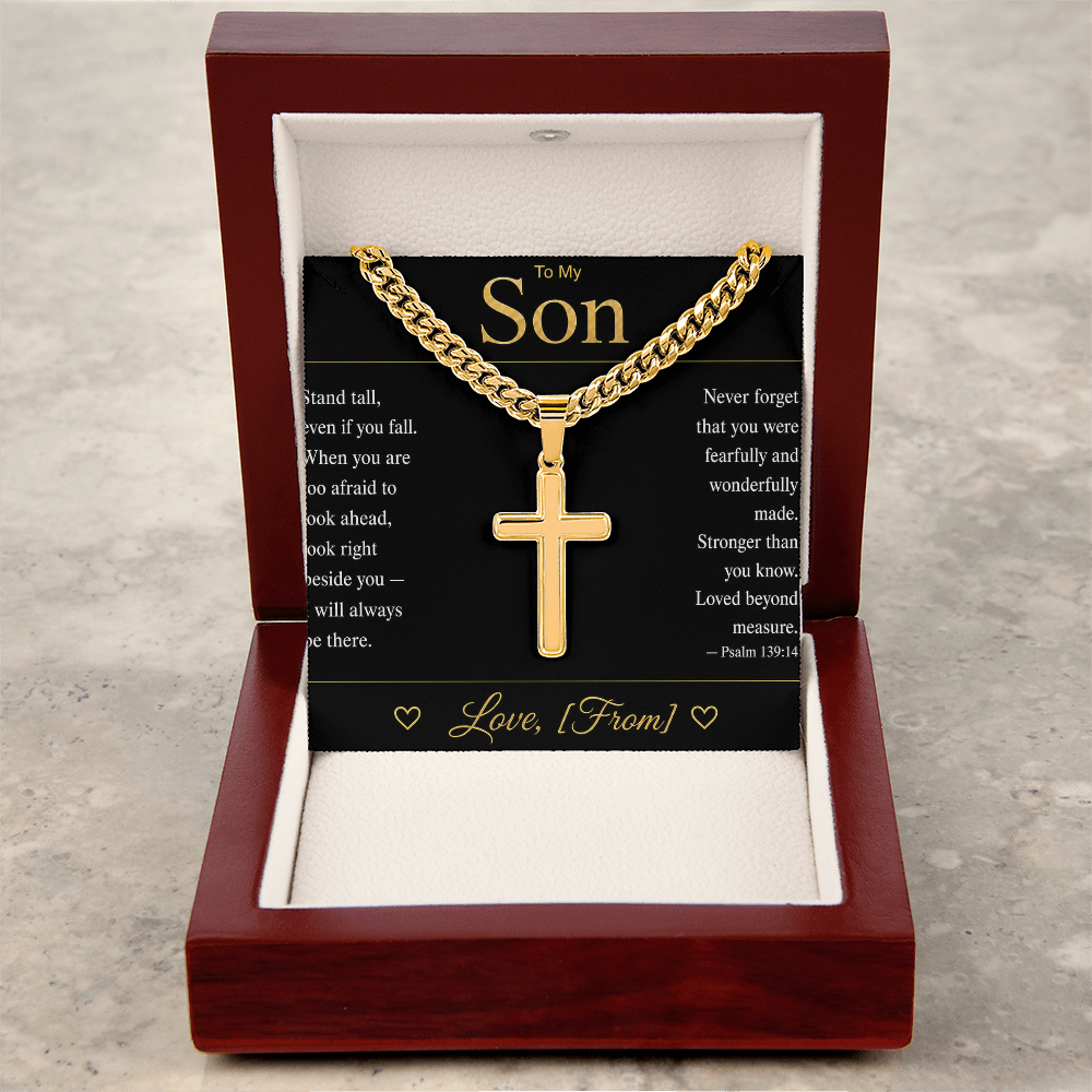 To My Son | Christian Cross Cuban Link Chain | Personalized Faith Gift with Message Card | From Mom Dad